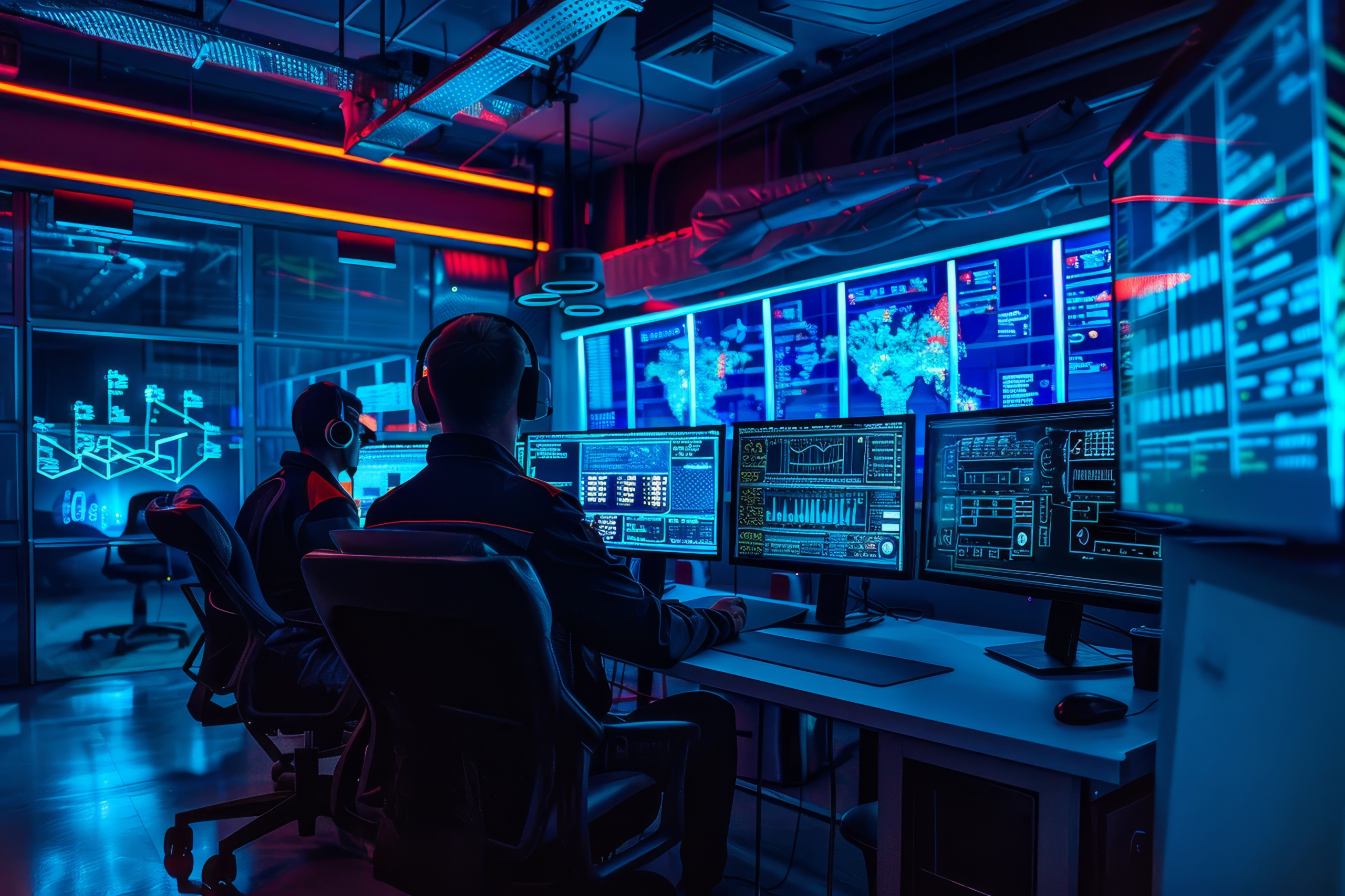 Team of cybersecurity professionals conducting an advanced cyber attack simulation in a sleek high-tech training facility with neon lighting