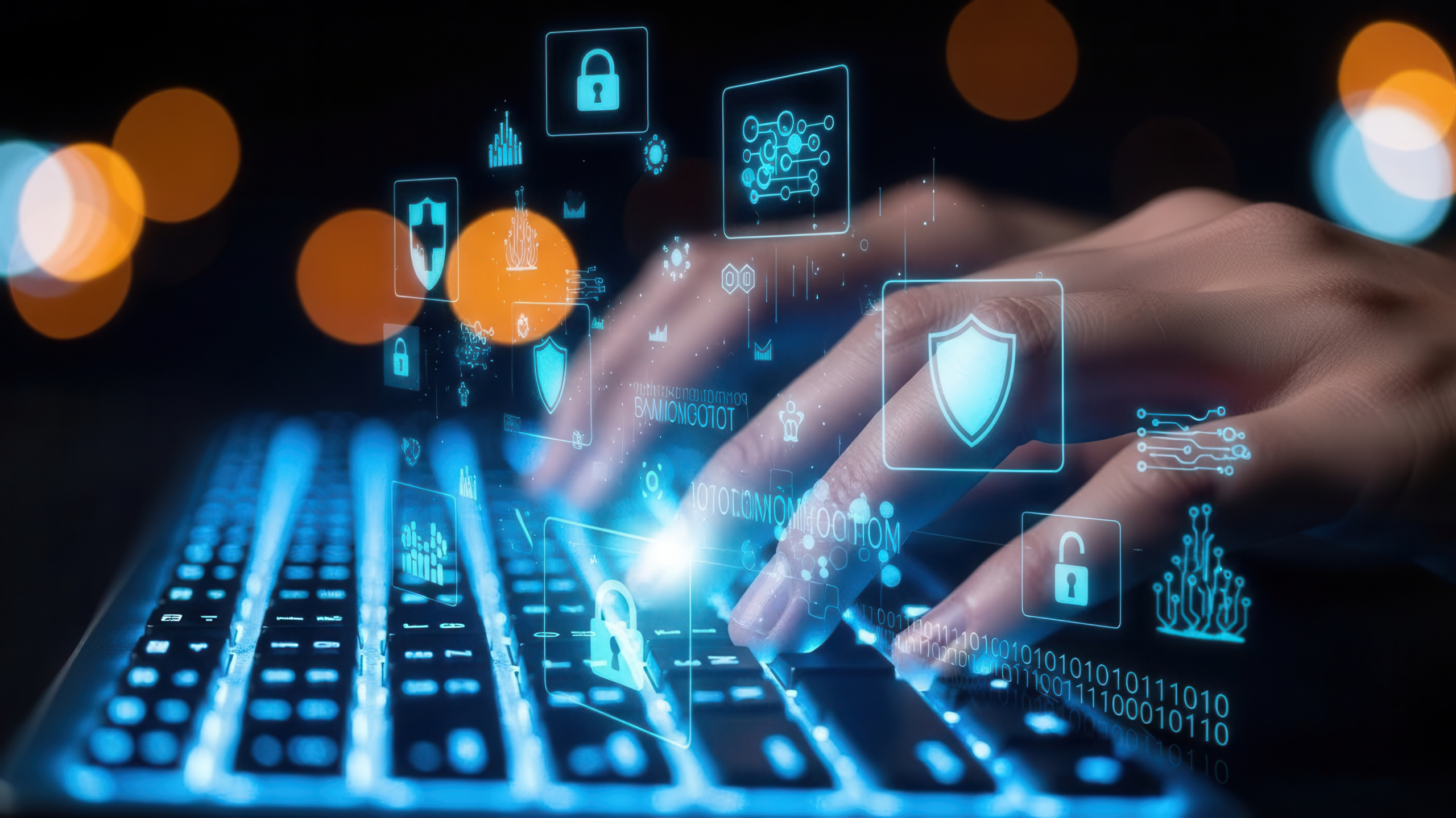 Close-up of hands typing on a glowing futuristic keyboard with digital security and technology icons overlay.