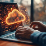 Person typing on a laptop with a glowing cloud computing interface and digital data network visualisation