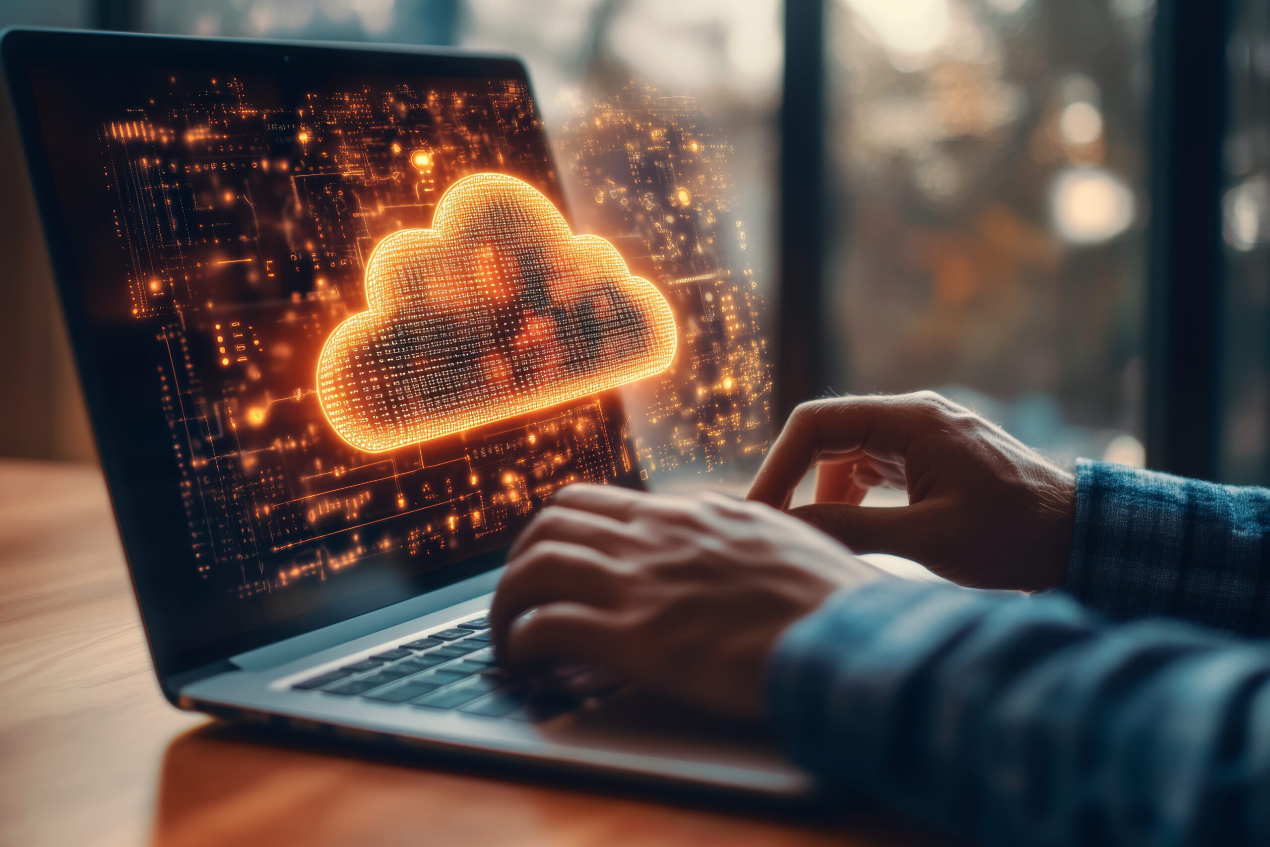 Person typing on a laptop with a glowing cloud computing interface and digital data network visualisation